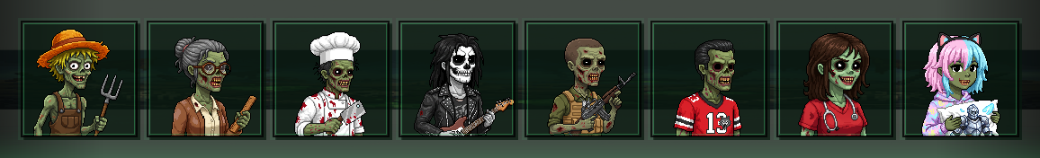 Zombie pixel art character sprites preview - game-ready avatars by Mixels.ai